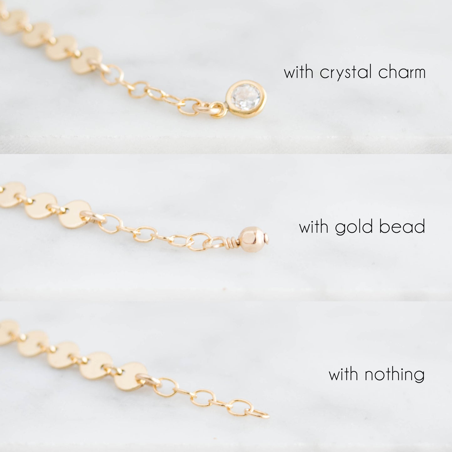 Disc chain bracelet with 1/2" extension in 14k gold-fill with end options