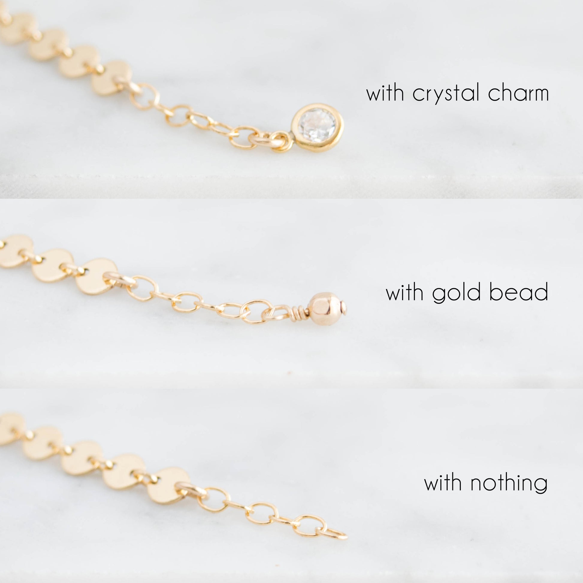 Disc chain bracelet with 1/2" extension in 14k gold-fill with end options
