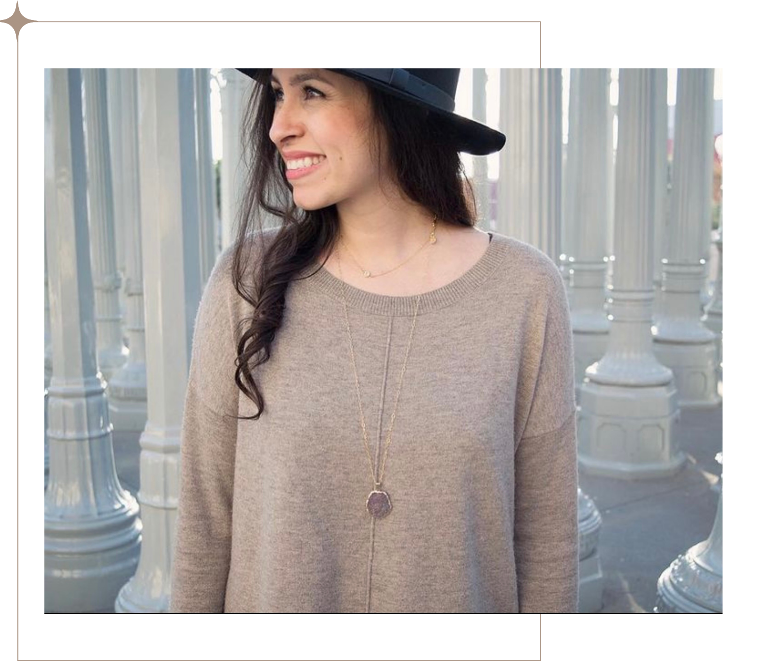Model wearing long druzy necklace in 14k gold-filled.