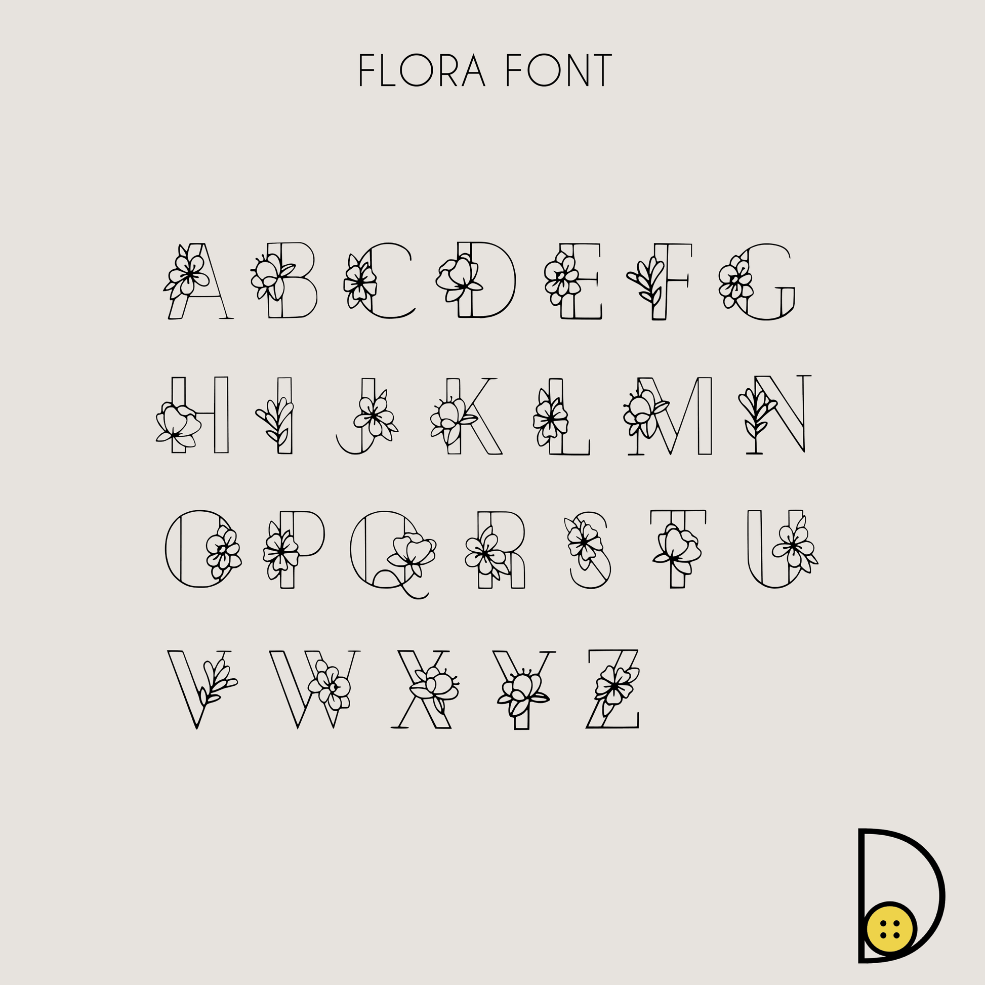 Font chart displaying available floral-initial letters A through Z for the Flora Monogram Necklace.
