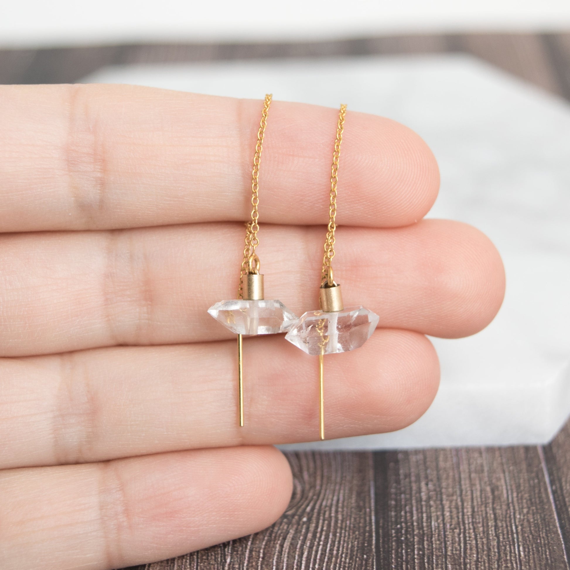 Modern Herkimer Threader Earrings - Sleek and Subtle Gemstone Handcrafted Jewelry