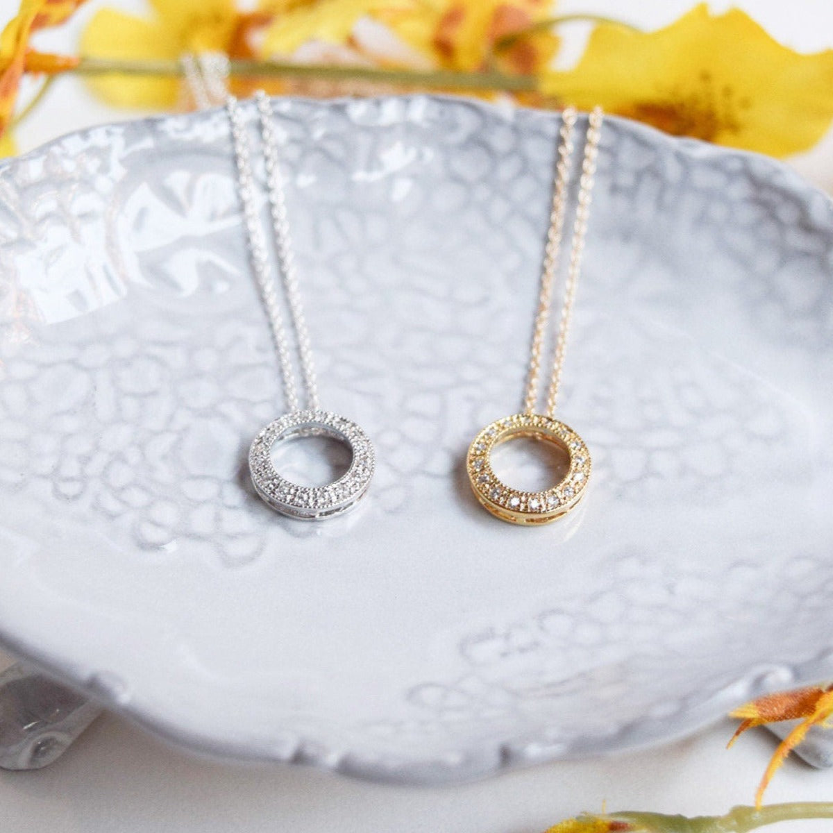 Cubic Zirconia encrusted circle pendant necklace in 14k gold-fill and sterling silver