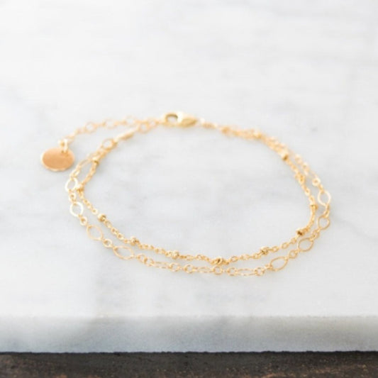 Double layer chain bracelet with personalized initial disc charm in 14k gold-fill