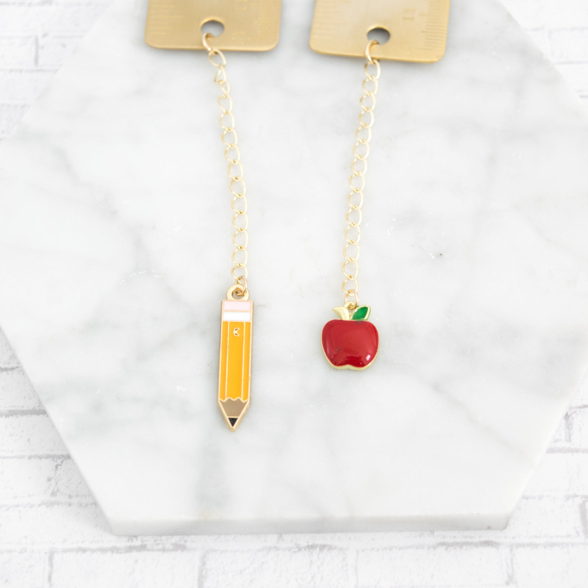 Personalized Teacher Brass Bookmark enameled charm options: pencil or apple