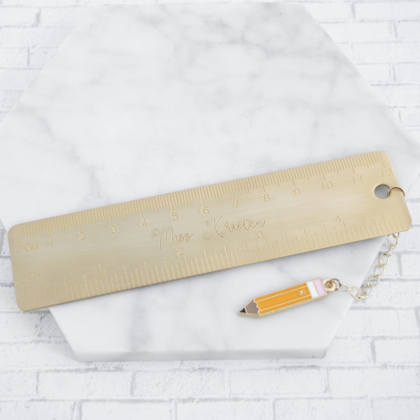 Personalized Teacher Brass Bookmark with pencil charm