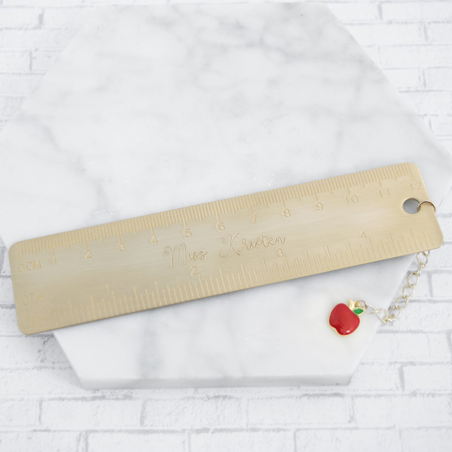 Personalized Teacher Brass Bookmark with apple charm