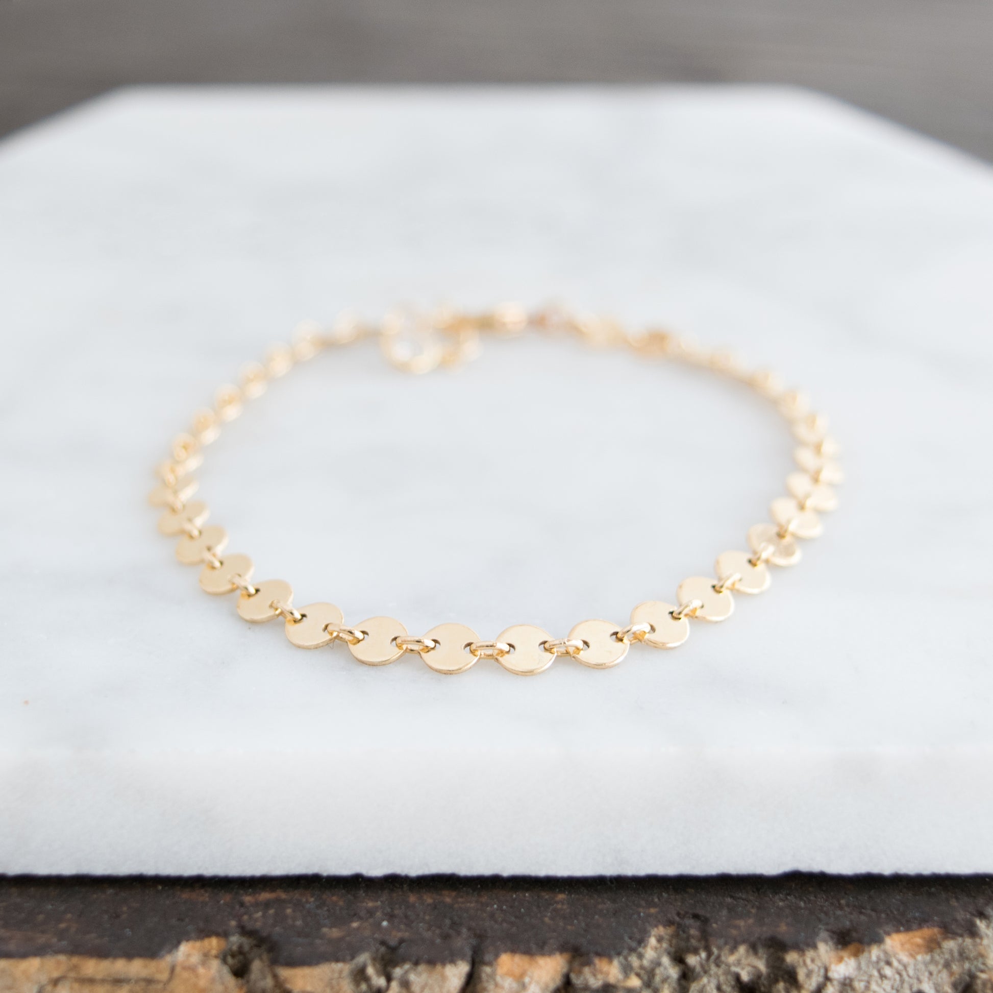 Disc chain bracelet with 1/2" extension in 14k gold-fill