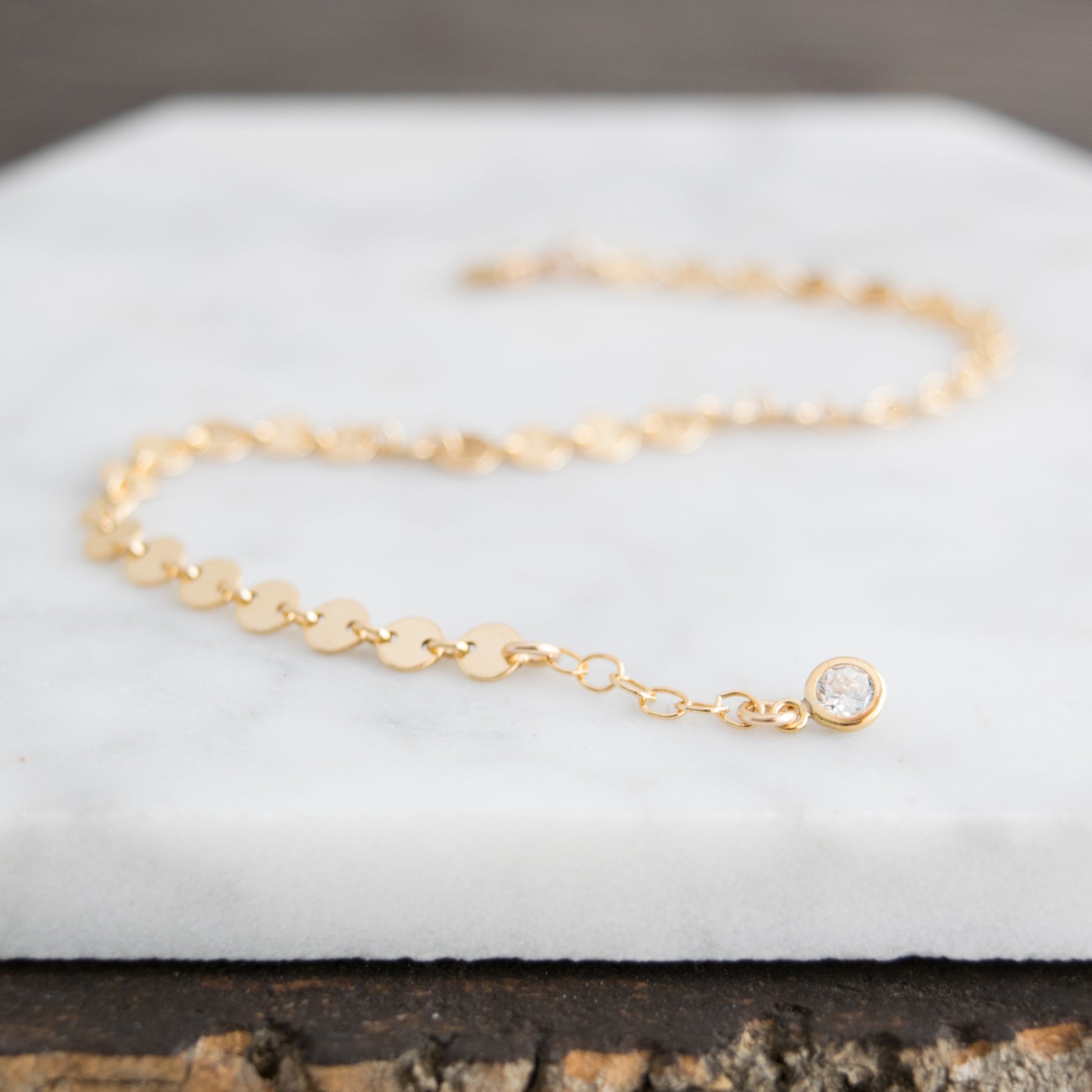 Disc chain bracelet with 1/2" extension in 14k gold-fill with cubiz zirconia charm