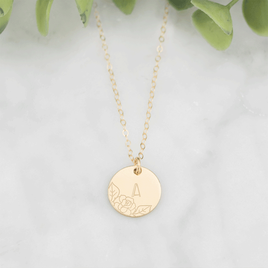 Charming Floral Framed 1/2" Disc Initial Necklace - Customizable and Elegant Handmade Jewelry