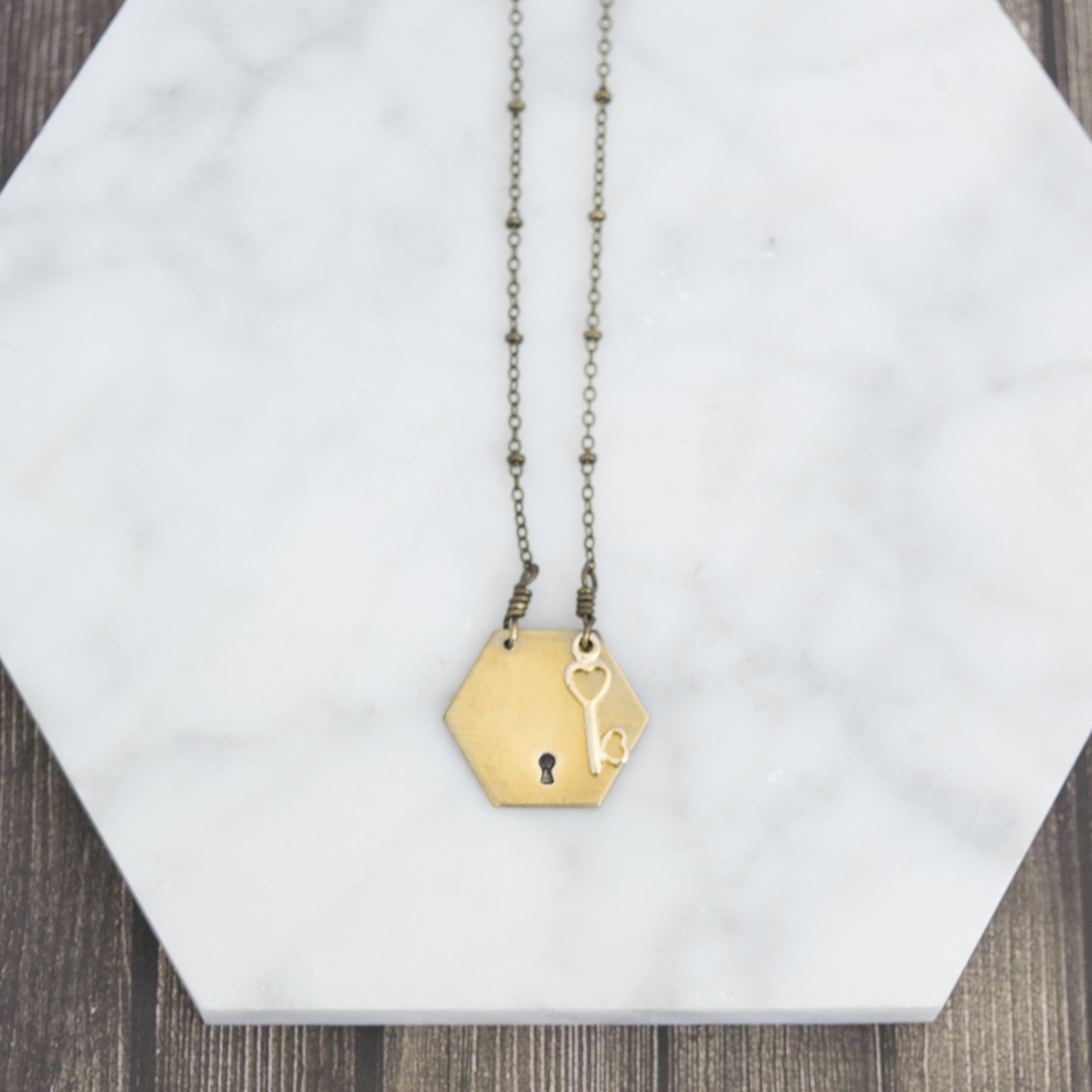 Hexagon Heart Key Long Satellite Chain Necklace