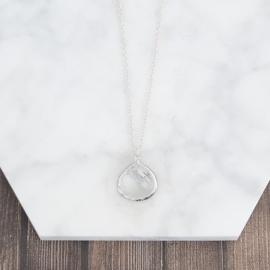 Long Silver Crystal Glass Teardrop Necklace