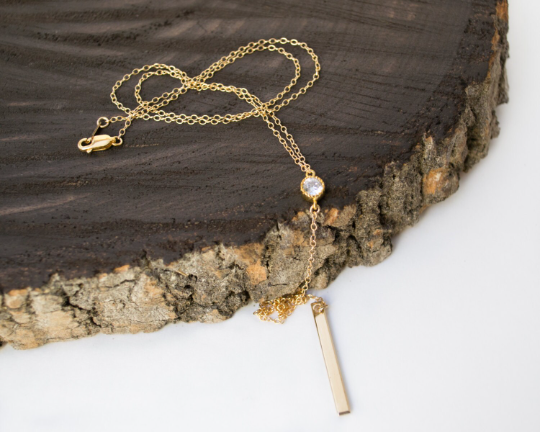 Cubic Zirconia Lariat Necklace with Bar Pendant