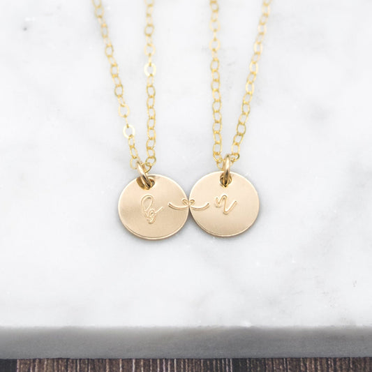 Connecting Heartstrings best friend BFF necklace in gold-filled. Heartstrings Disc Necklace Set - Personalized Connection Jewelry