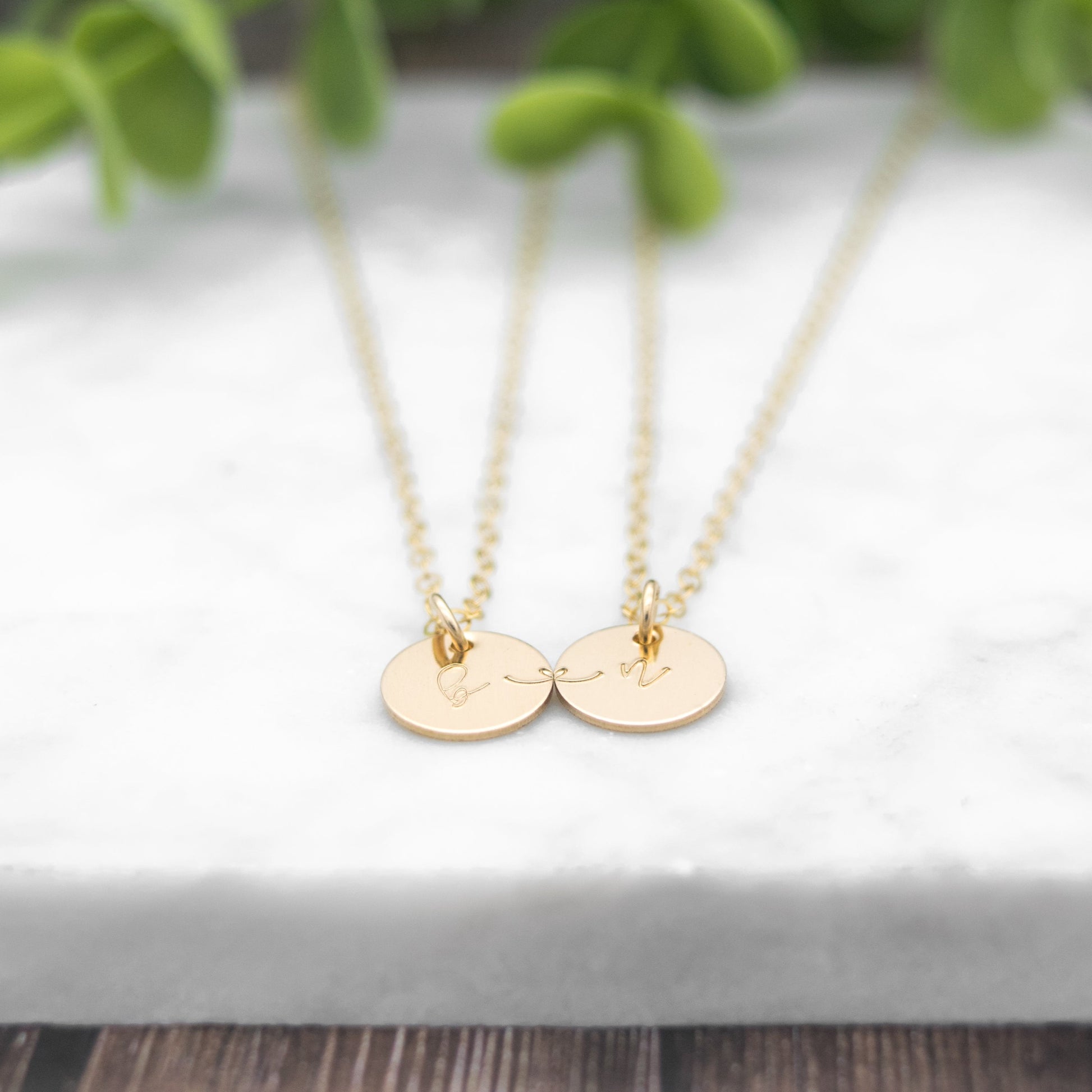 Connecting Heartstrings best friend BFF necklace in gold-filled. Heartstrings Disc Necklace Set - Personalized Connection Jewelry