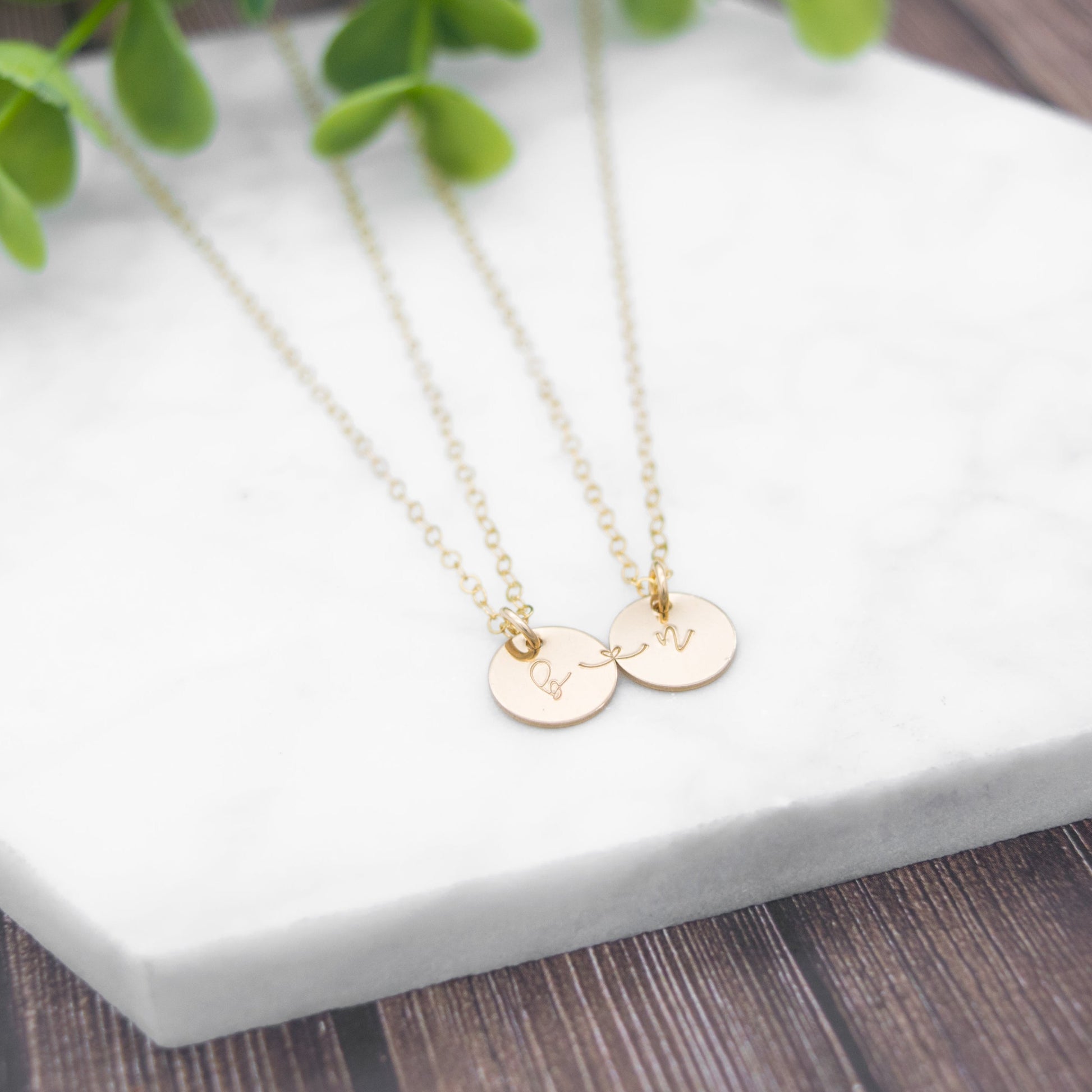 Connecting Heartstrings best friend BFF necklace in gold-filled. Heartstrings Disc Necklace Set - Personalized Connection Jewelry