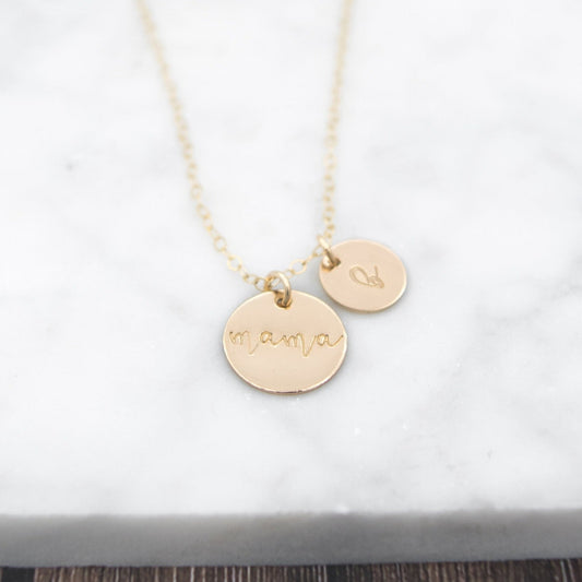 Cherished Mama Necklace - Hand-Stamped Initial Disc Add-ons, Personalized 14k Gold-Filled or Sterling Silver Cable Chain