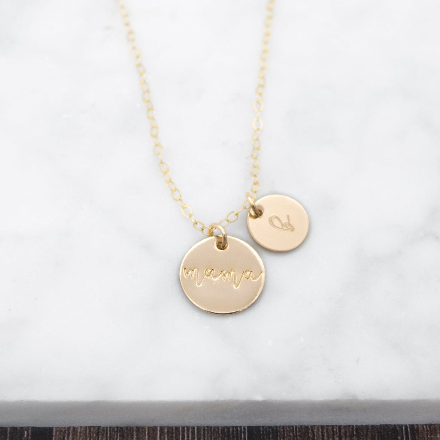 Cherished Mama Necklace - Hand-Stamped Initial Disc Add-ons, Personalized 14k Gold-Filled or Sterling Silver Cable Chain