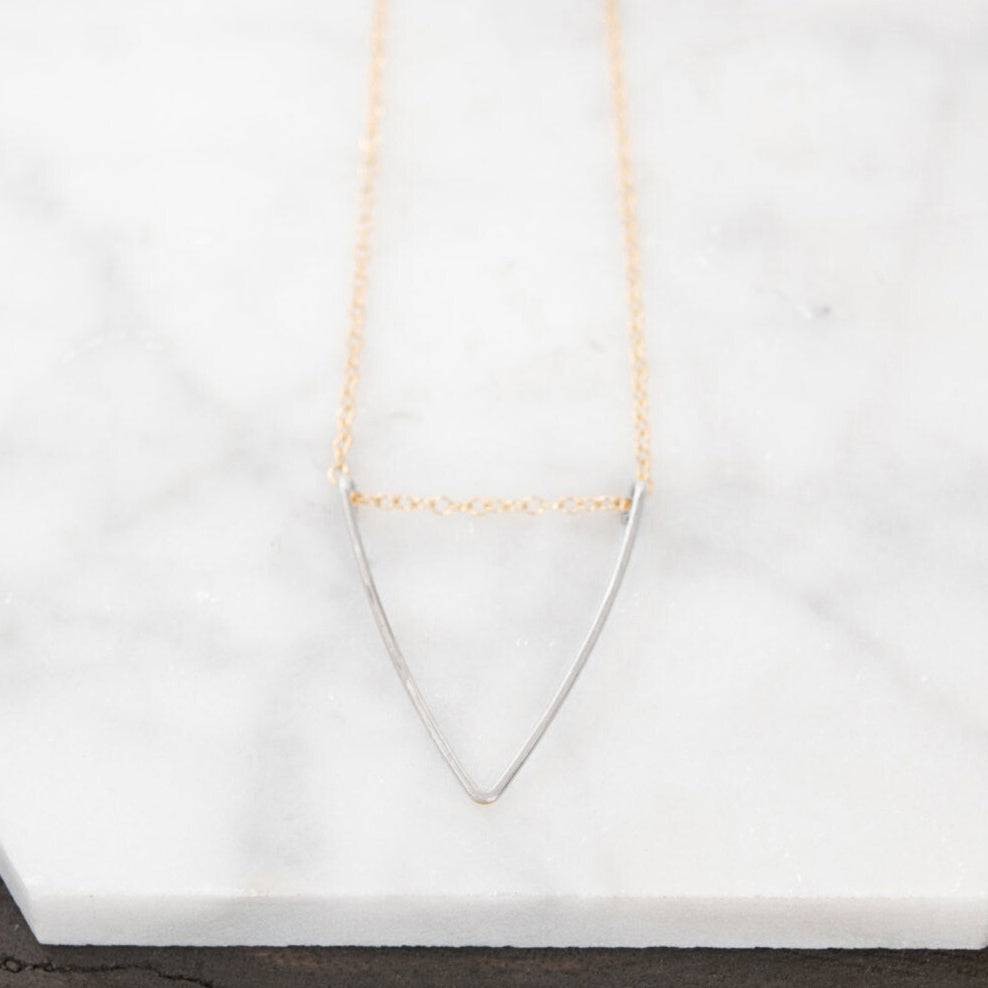 Hand formed and hammered v-shaped triangle pendant on a 14k gold-filled cable chain necklace, mix and match pendant and chain