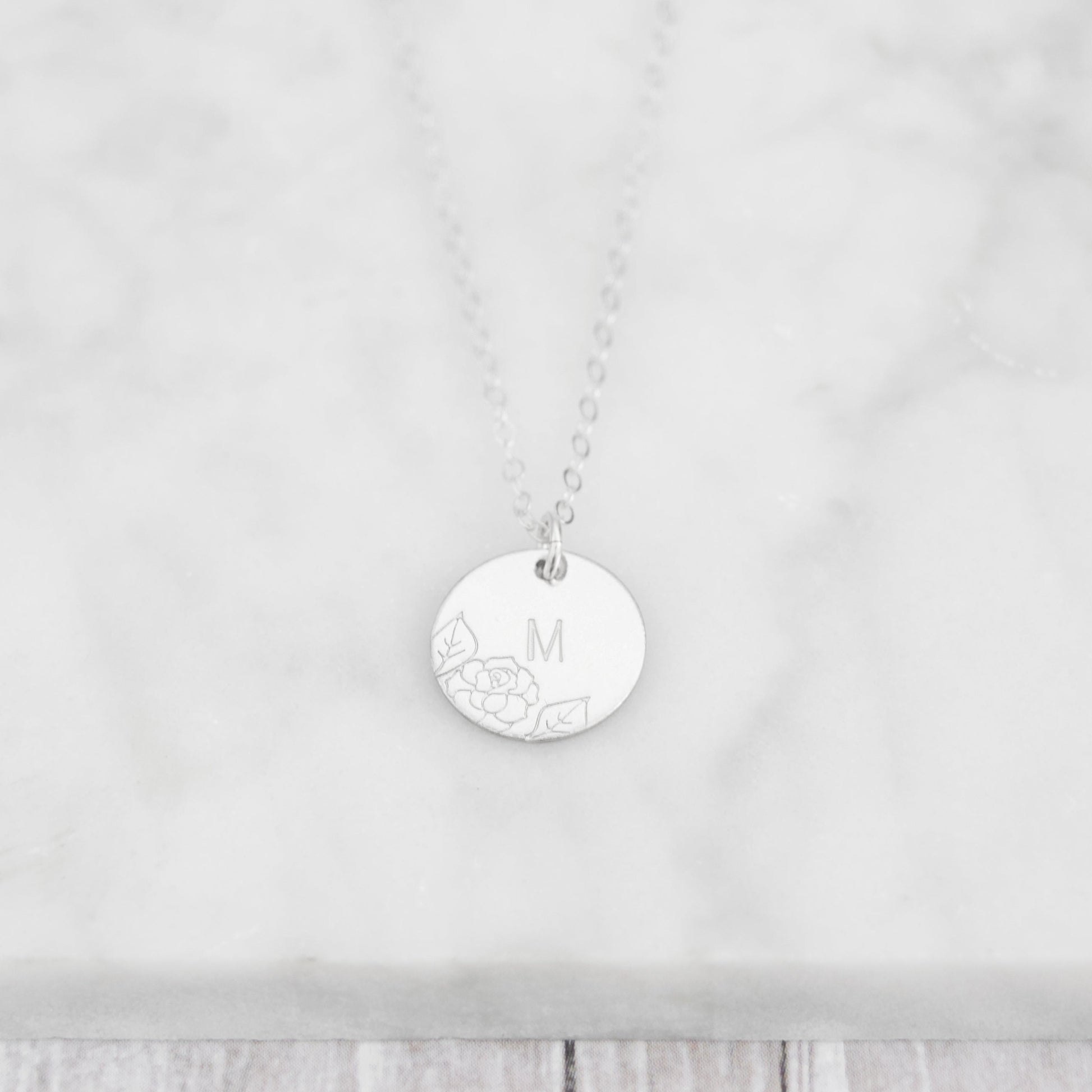 Charming Floral Framed 1/2" Disc Initial Necklace - Customizable and Elegant Handmade Jewelry