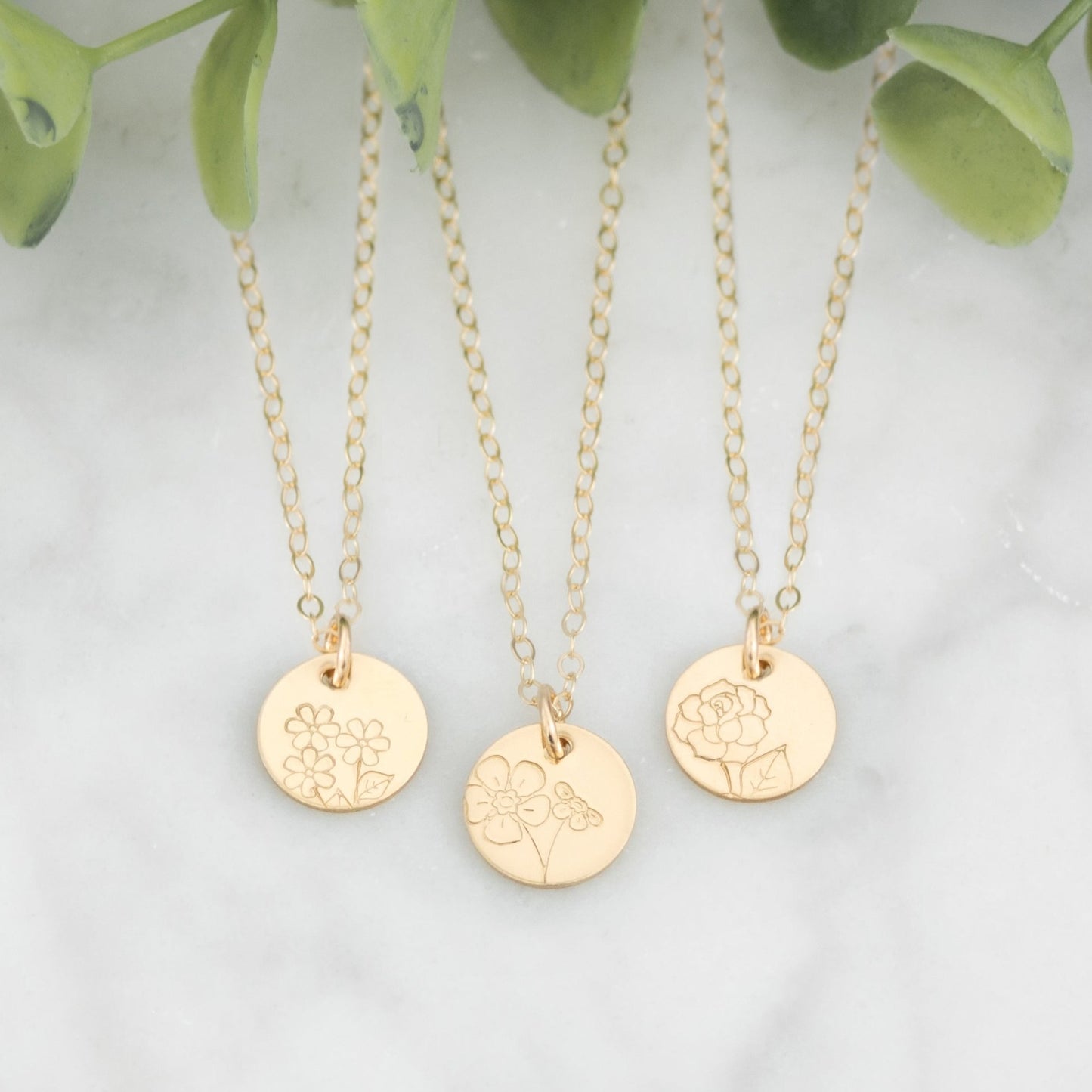 Floral Minima hand stamped 3/8" mini disc necklace with various flower options to choose from in 14k gold-fill