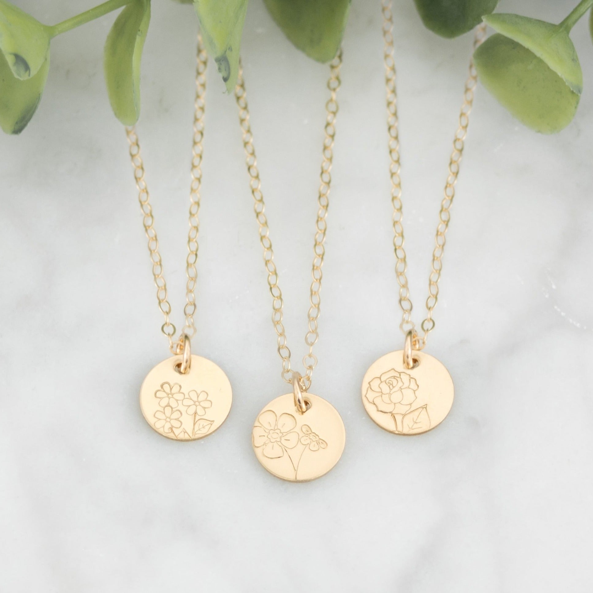 Floral Minima hand stamped 3/8" mini disc necklace with 6 flower options to choose from in 14k gold-fill
