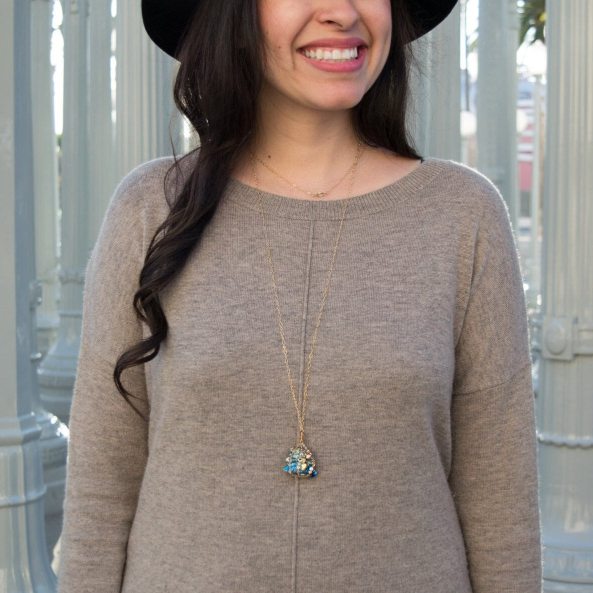 Caged rainbow Amethyst long necklace with personalized initial disc in 14k gold-fill on model