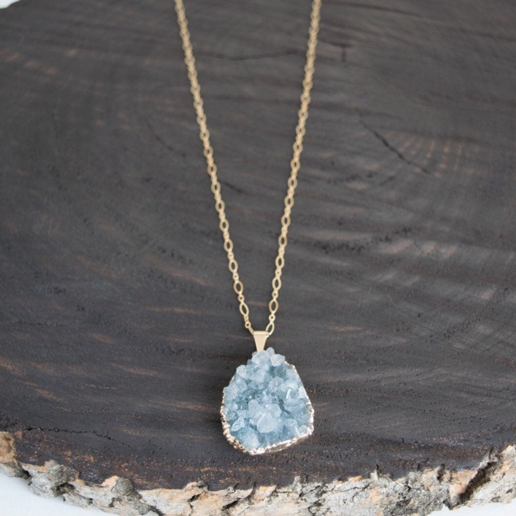 Teal Druzy Long Necklace w/ Personalized Tag