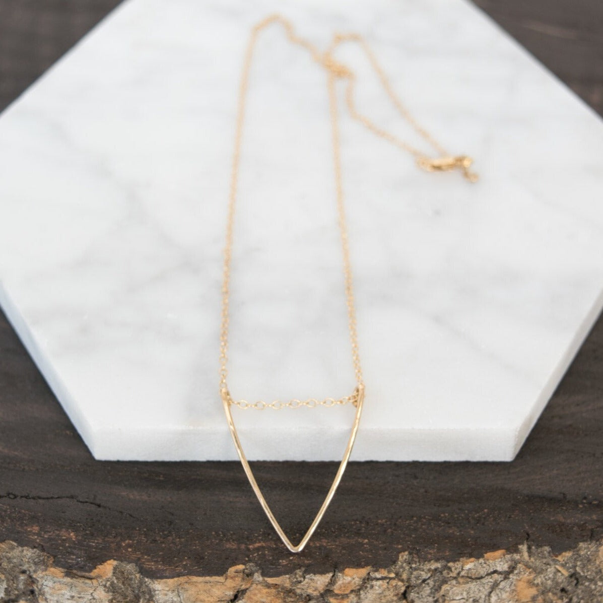 Hand formed and hammered v-shaped triangle pendant on 14k gold-filled cable chain necklace, mix and match pendant and chain