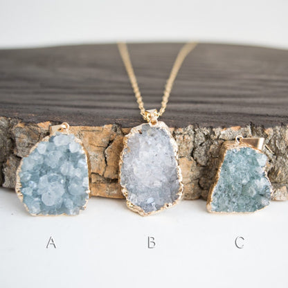 Teal Druzy Long Necklace w/ Personalized Tag