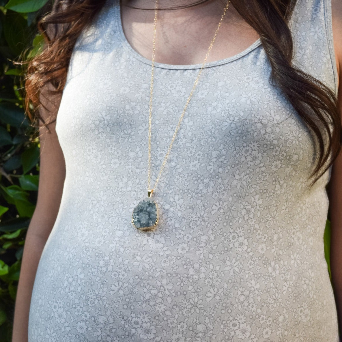 Teal Druzy Long Necklace w/ Personalized Tag