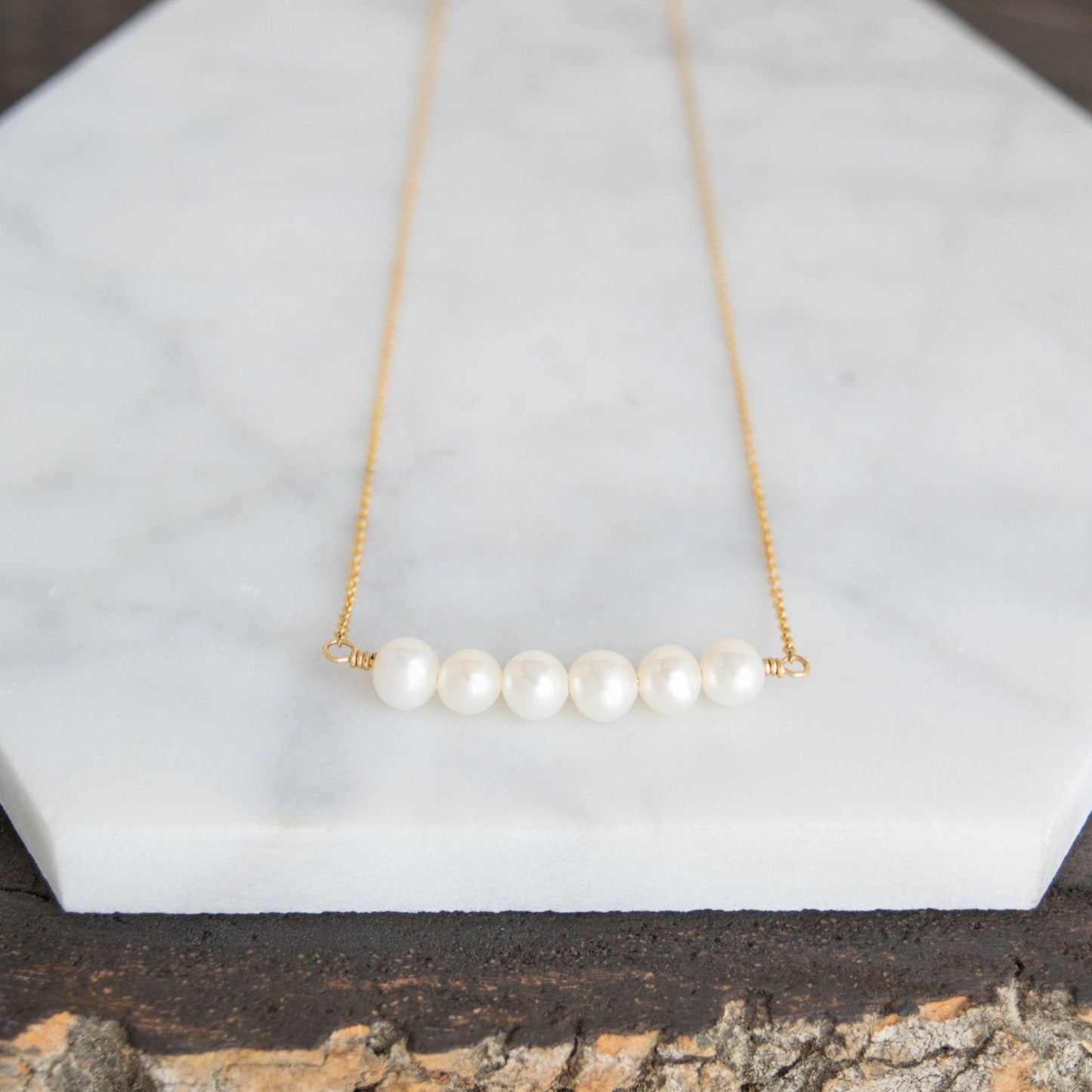 Freshwater pearl bar necklace in 14k gold-fill. Versatile Freshwater Pearl Bar Necklace - Perfect for Bridal or Everyday Wear