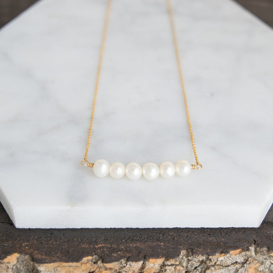 Freshwater pearl bar necklace in 14k gold-fill. Versatile Freshwater Pearl Bar Necklace - Perfect for Bridal or Everyday Wear