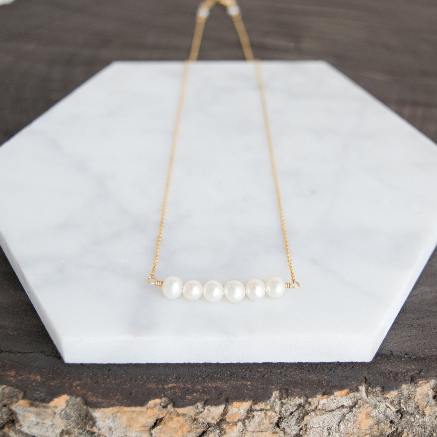 Freshwater pearl bar necklace in 14k gold-fill. Versatile Freshwater Pearl Bar Necklace - Perfect for Bridal or Everyday Wear