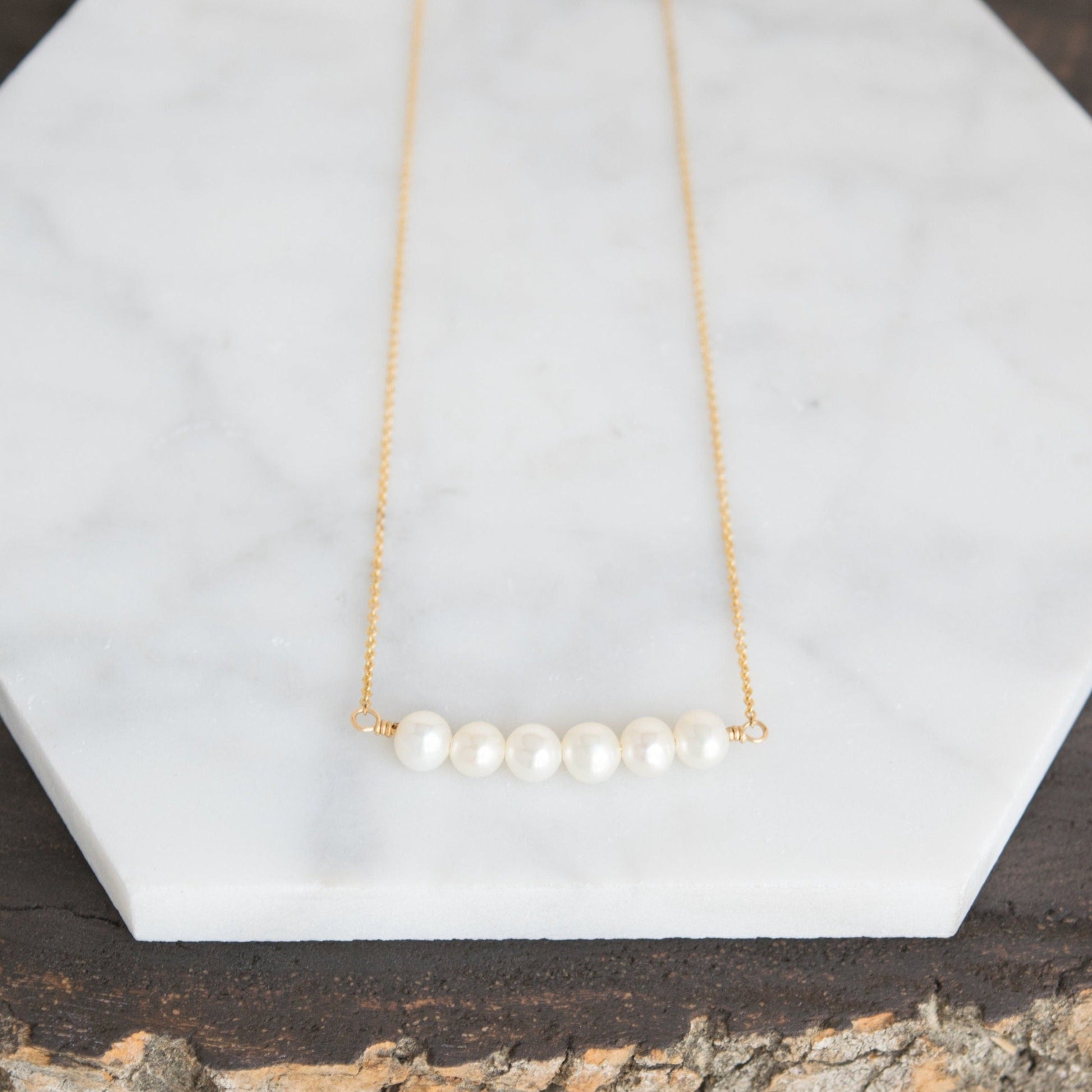 Freshwater pearl bar necklace in 14k gold-fill. Versatile Freshwater Pearl Bar Necklace - Perfect for Bridal or Everyday Wear