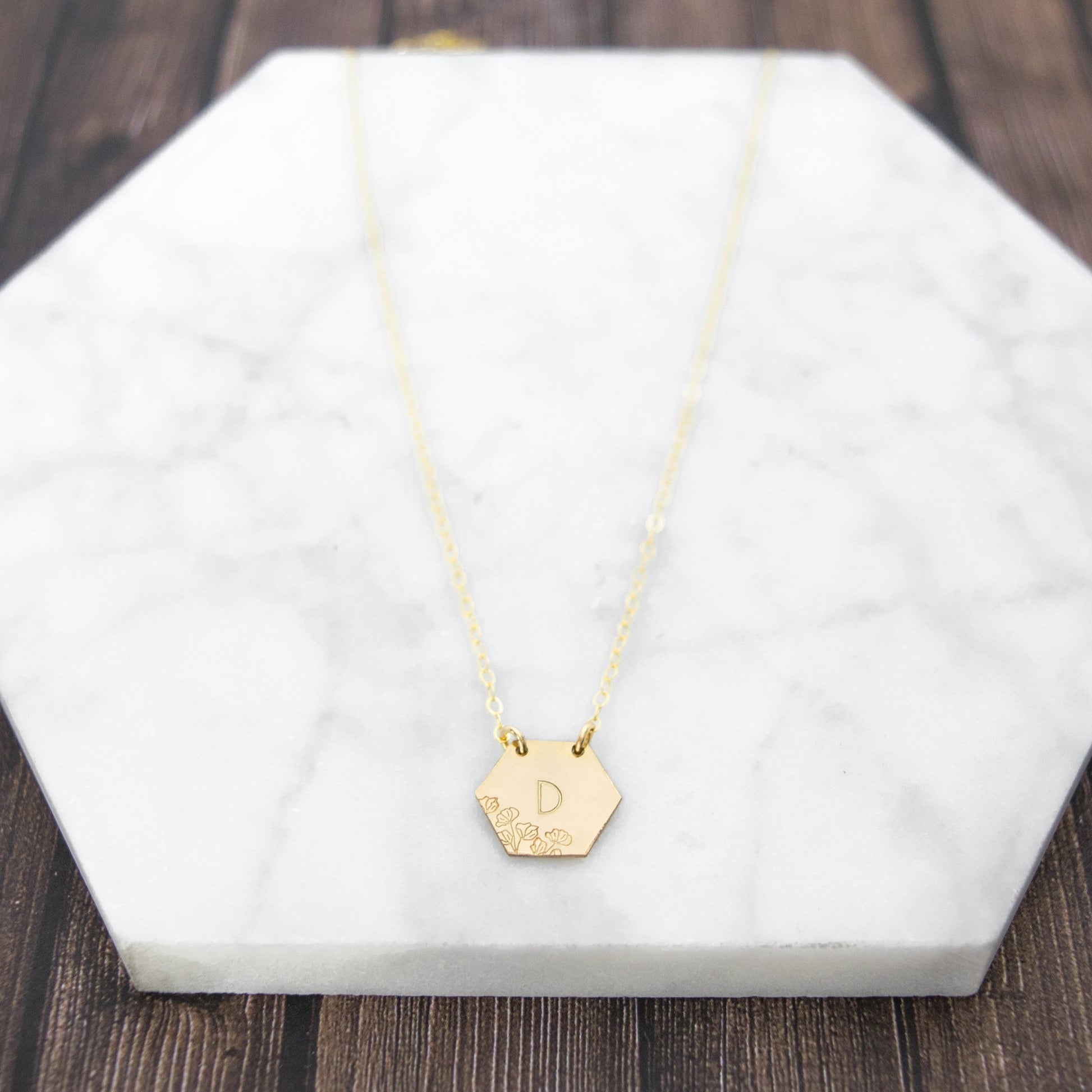 Nature-Inspired Joy Hexagon Initial Necklace - Personalized and Elegant Handcrafted Jewelry