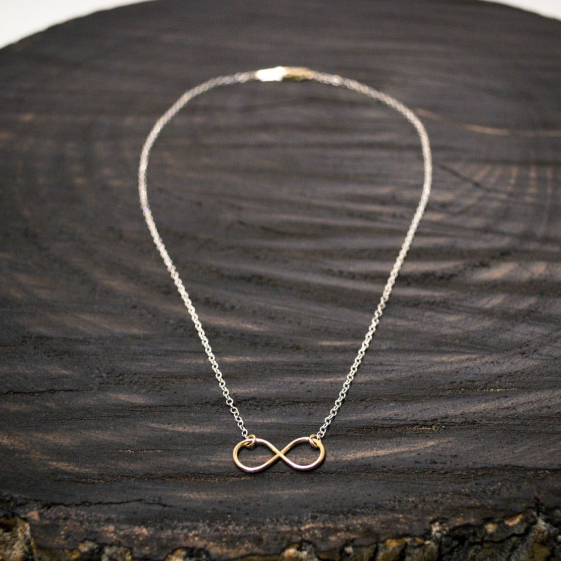 Hand formed 14k gold-filled or sterling silver infinity connector on a cable chain, with choice of sterling silver or 14k gold-filled chain to mix and match.