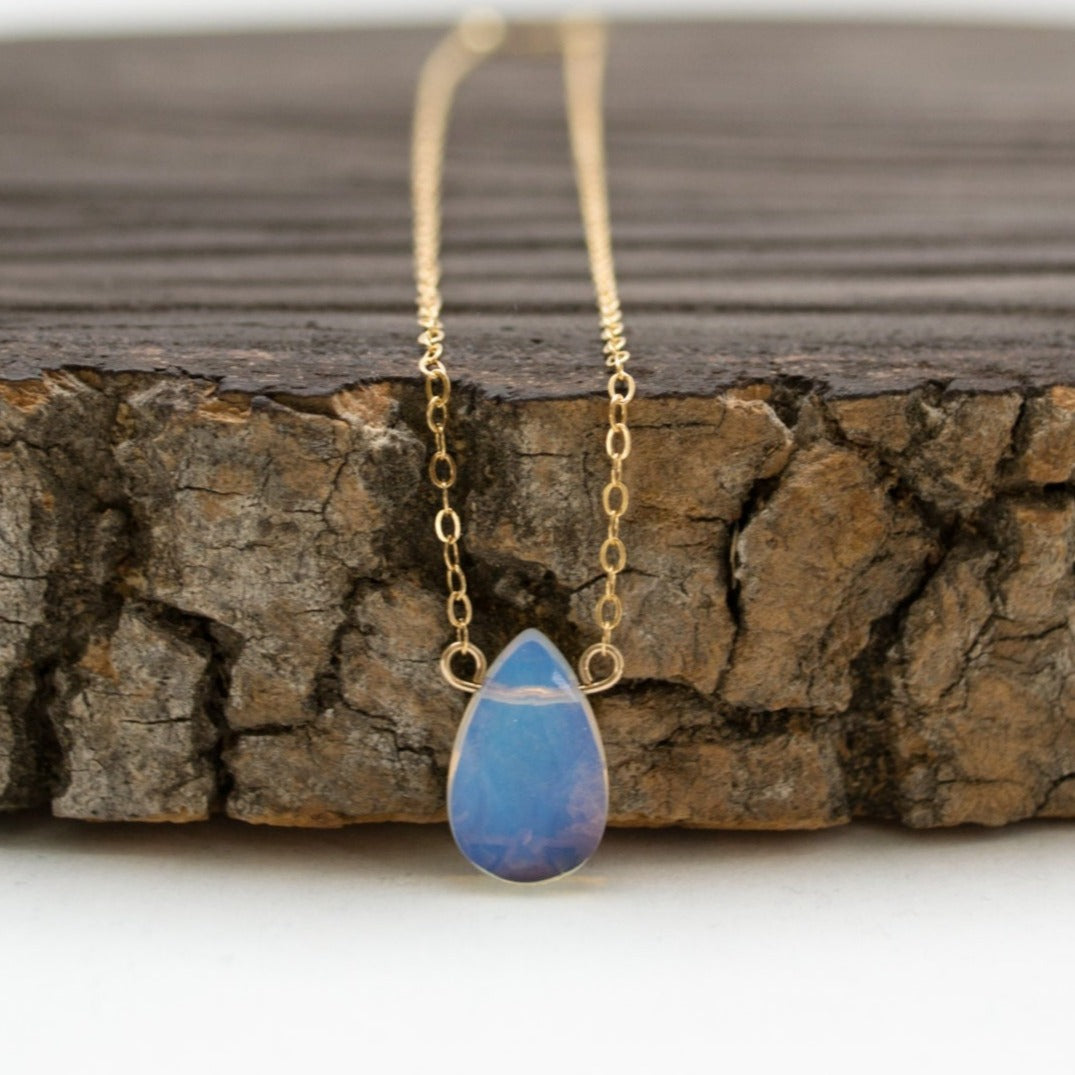 Luminous Opalite Bead Pendant Necklace - Pear-Shaped, Delicate 14k Gold-Filled or Sterling Silver