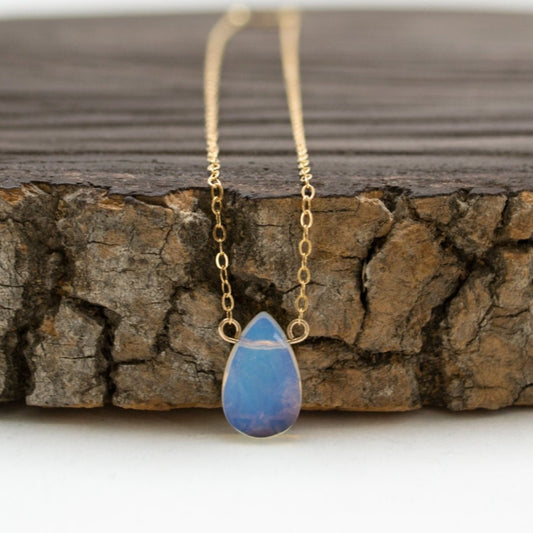 Luminous Opalite Bead Pendant Necklace - Pear-Shaped, Delicate 14k Gold-Filled or Sterling Silver