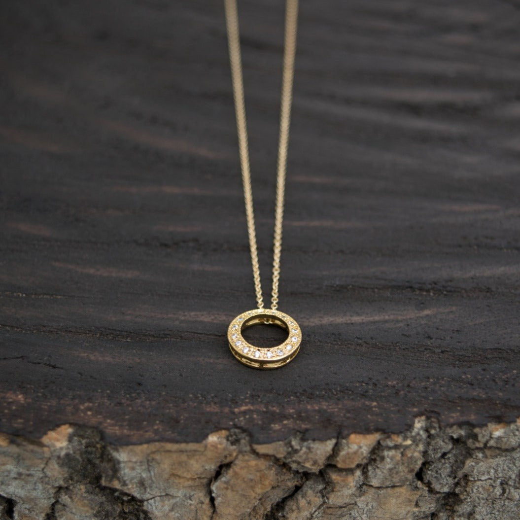 Cubic Zirconia encrusted circle pendant necklace in 14k gold-fill