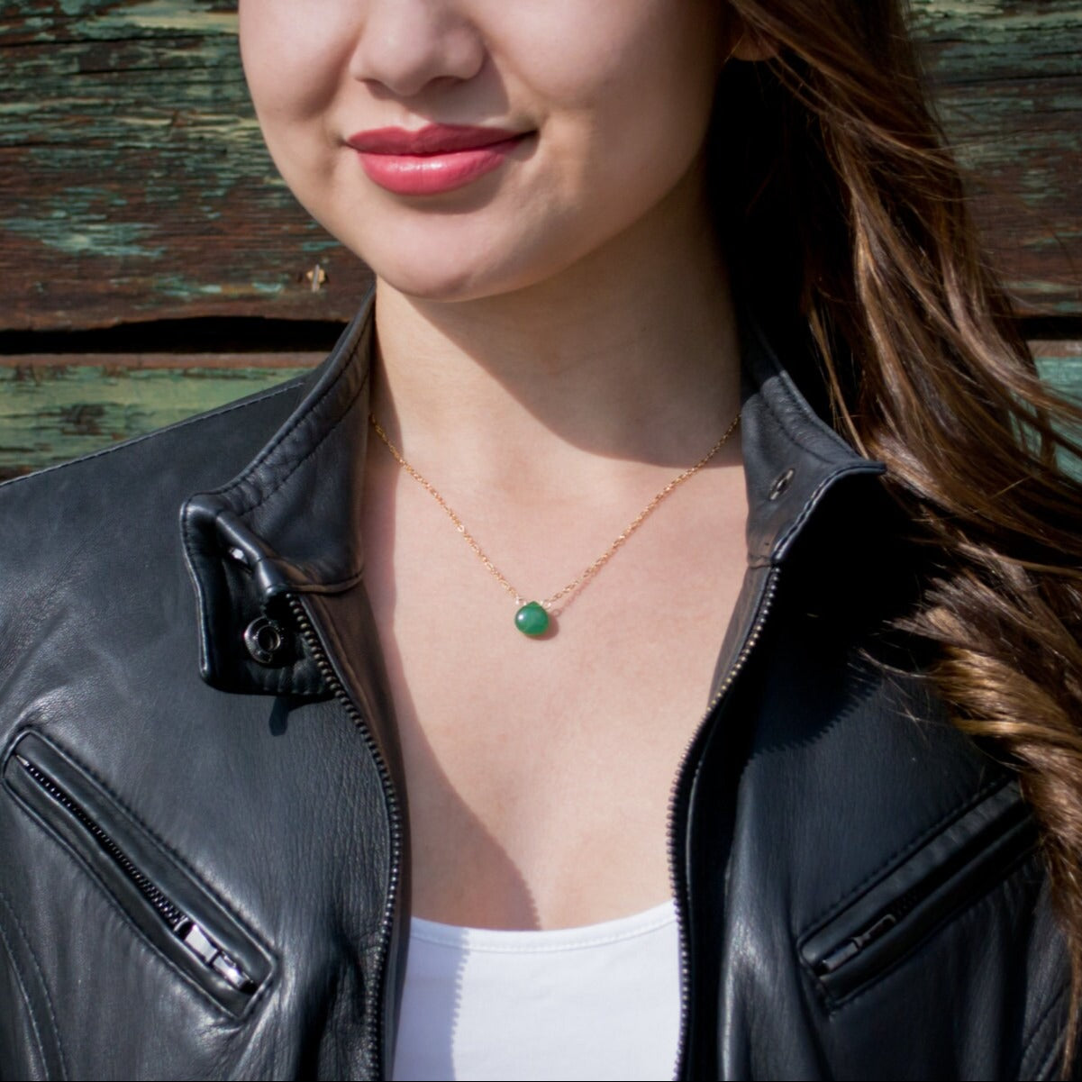 Green Aventurine pendant necklace in 14k gold-fill on model